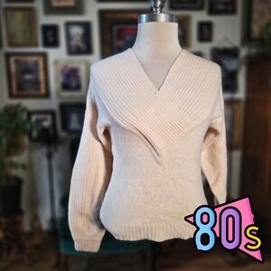 Ajaccio Sweater Womens Vintage 80s Cream Angora Lambswool Blend V-Neck Medium